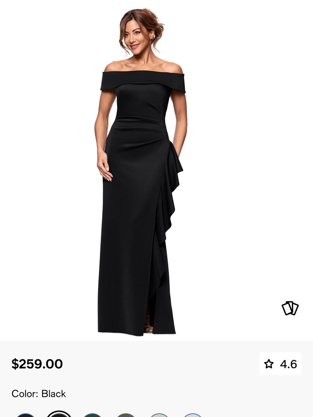 Xscape Black Off-Shoulder Maxi Gown with Side Ruffle